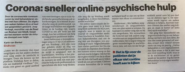 Artikel Eindhovens Dagblad- Corona: sneller online psychische hulp